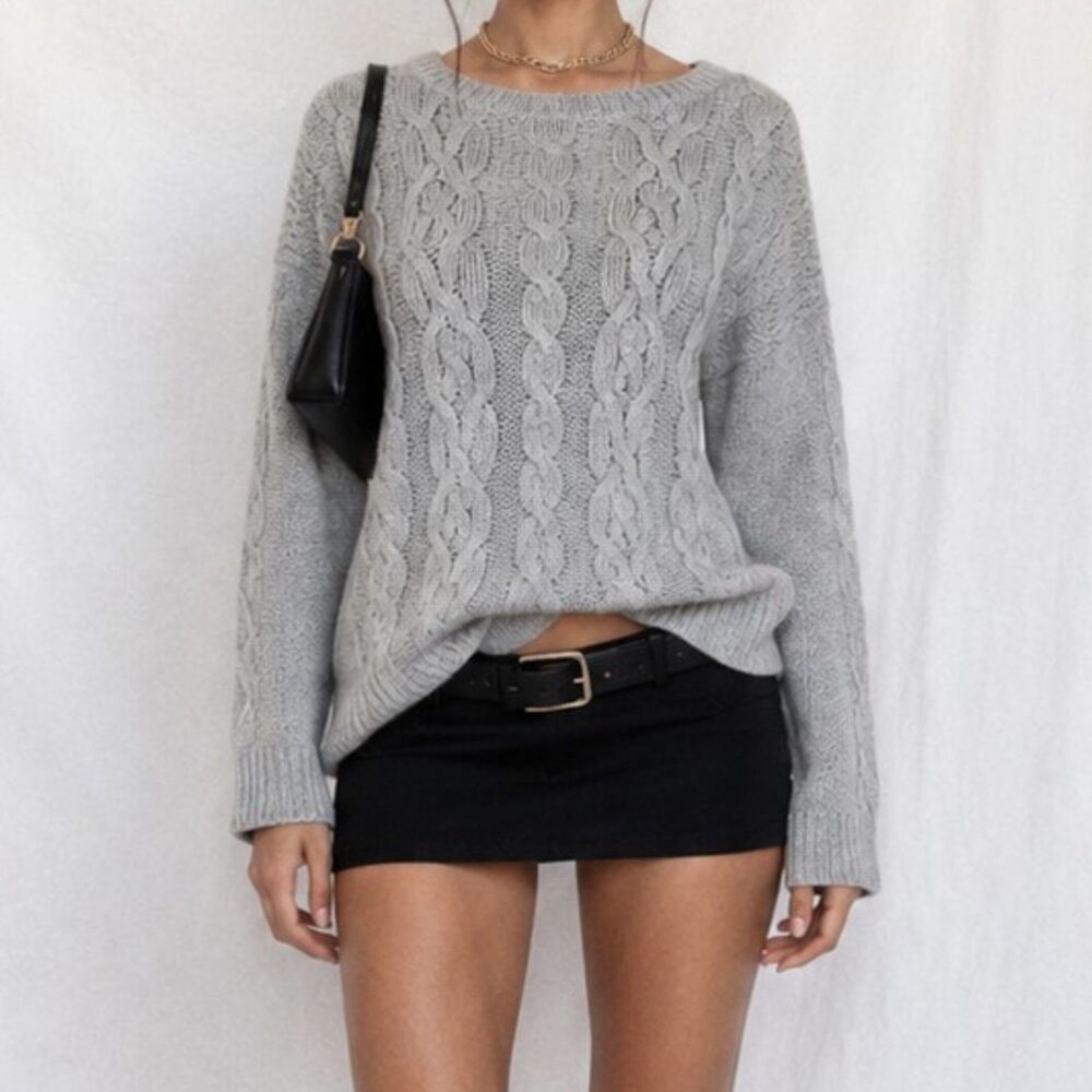 Vintage Y2K Gray Metallic Cable Knit Oversized Wool Blend Sweater Size S